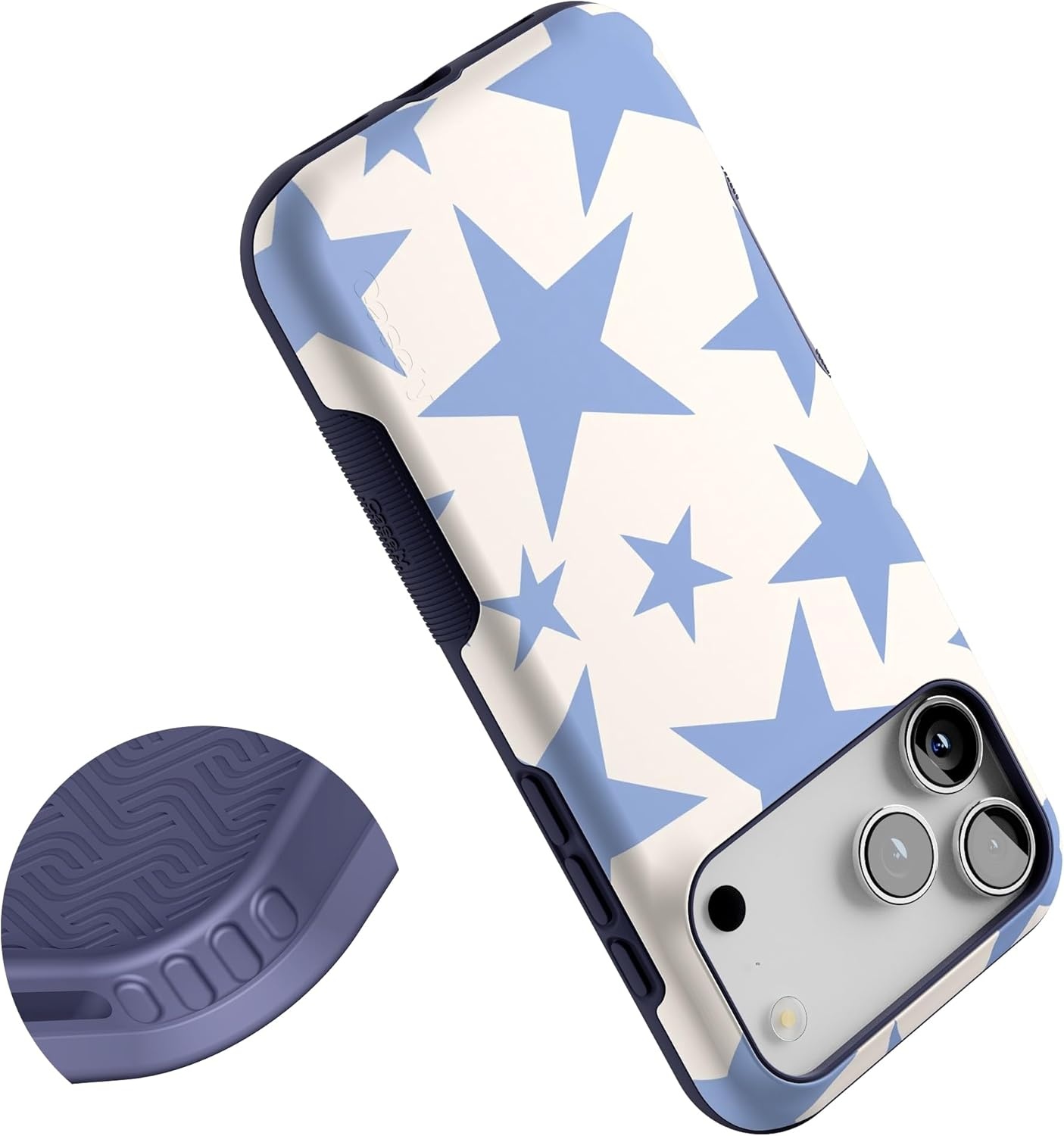 image:imageCasely iPhone 17 Pro Max Case Starfish Wishes Coral Pink Shimmer Bold Protective Design MagSafe Compatible DesignStars Align Blue White Stars