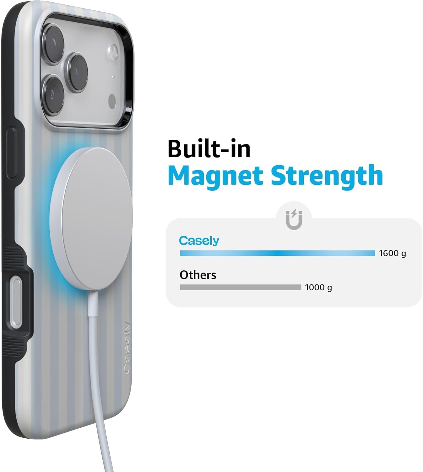 image:imageCasely iPhone 17 Pro Max Case Starfish Wishes Coral Pink Shimmer Bold Protective Design MagSafe Compatible DesignSunday Best Blue Stripes