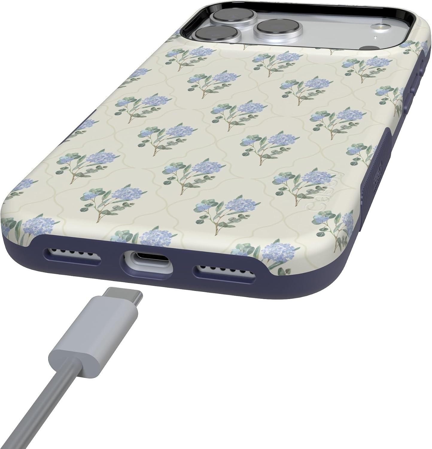 image:imageCasely iPhone 17 Pro Max Case Starfish Wishes Coral Pink Shimmer Bold Protective Design MagSafe Compatible DesignVintage Garden Blue Hydrangea