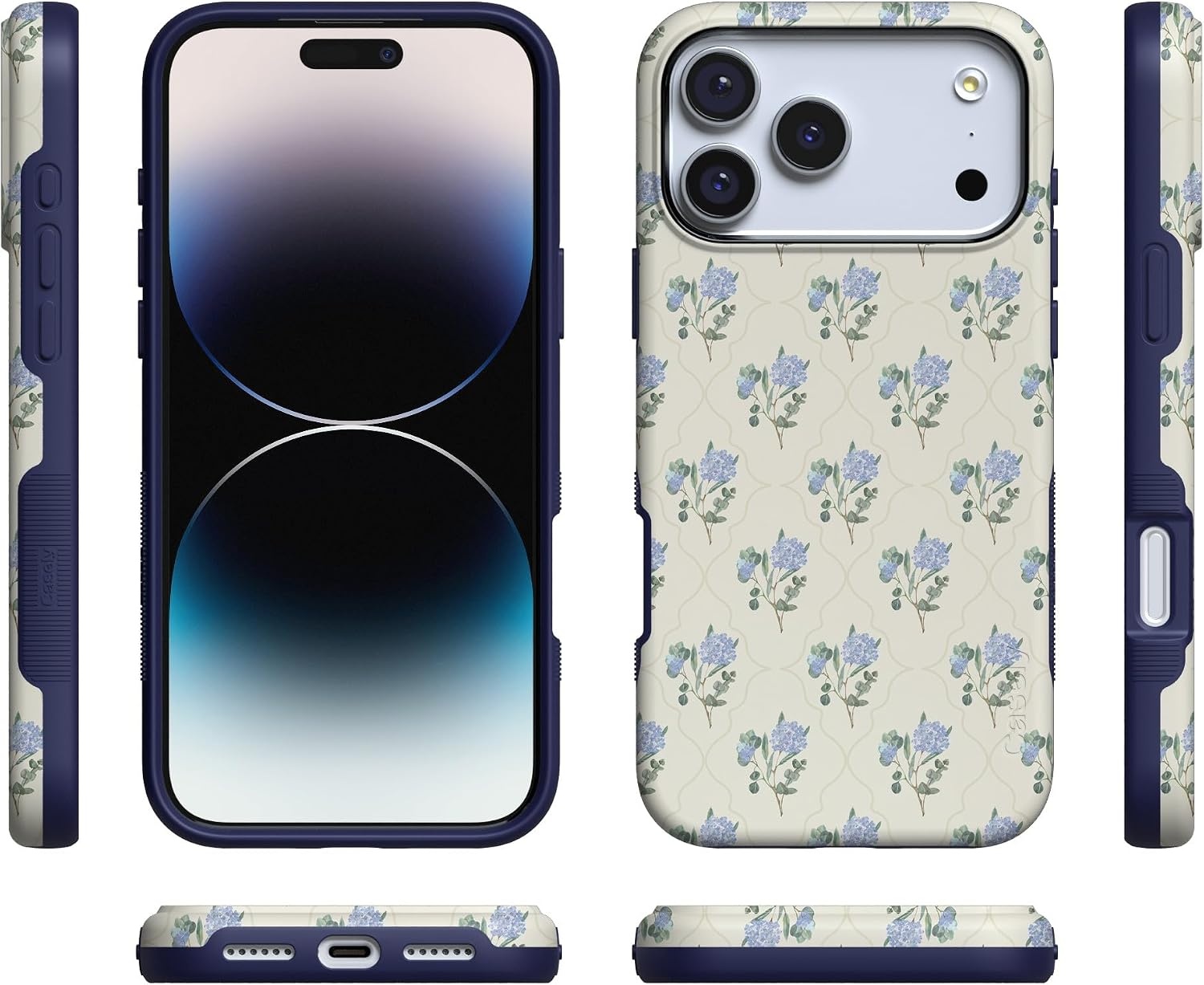 image:imageCasely iPhone 17 Pro Max Case Starfish Wishes Coral Pink Shimmer Bold Protective Design MagSafe Compatible DesignVintage Garden Blue Hydrangea