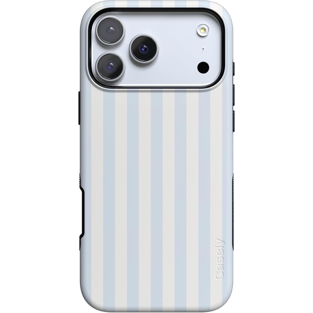 image:imageCasely iPhone 17 Pro Max Case Starfish Wishes Coral Pink Shimmer Bold Protective Design MagSafe Compatible DesignSunday Best Blue Stripes