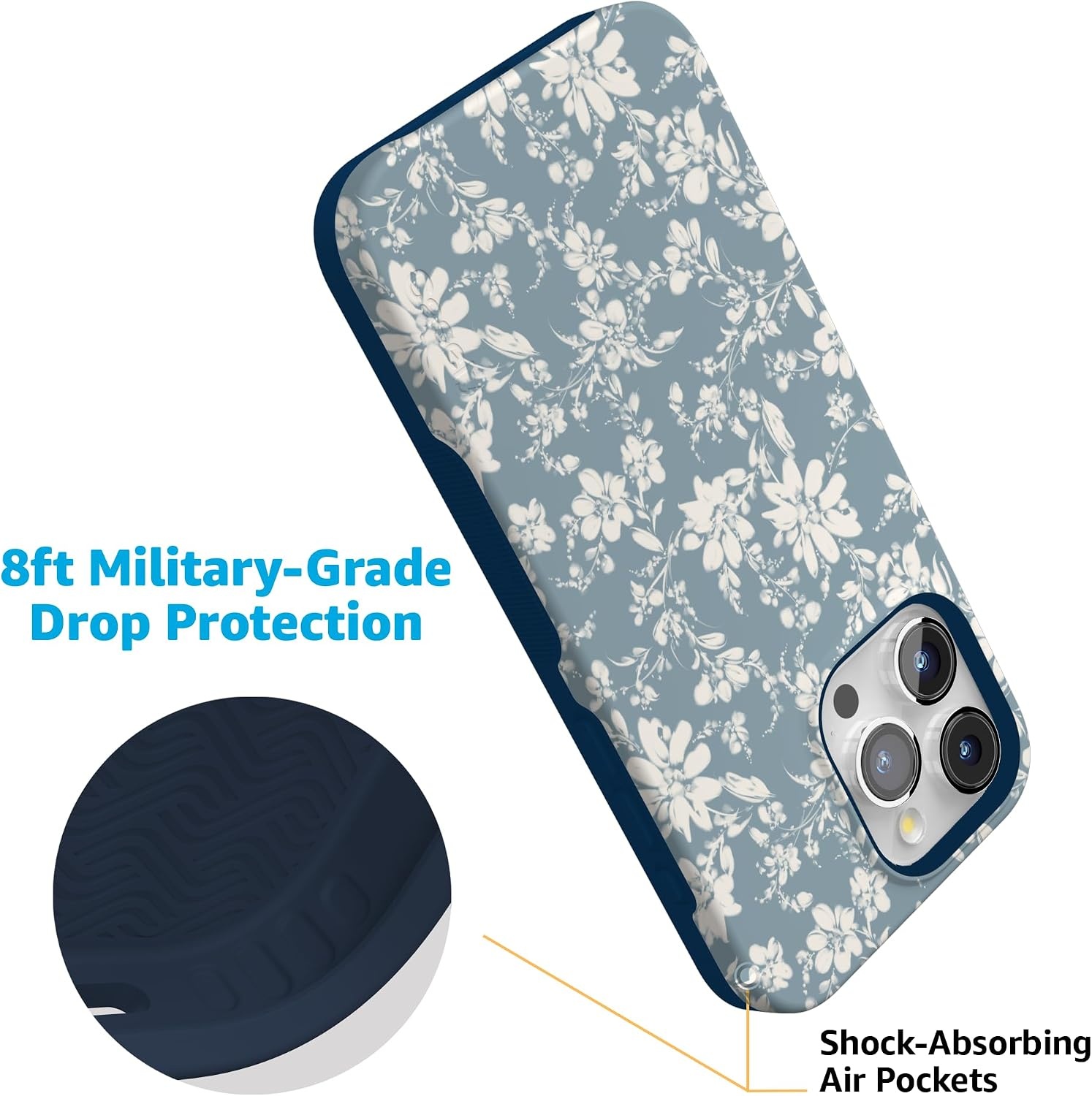 image:imageCasely iPhone 15 Pro Max Case Afternoon Tea Blue Floral Bold Protective Design Compatible with MagSafe