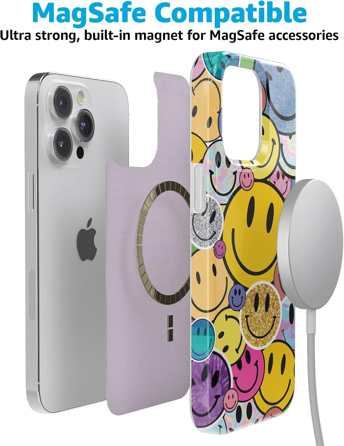 image:imageCasely iPhone 15 Pro Max Case Clear Skies Clear Shimmer Compatible with MagSafe Classic Ultra Slim DesignAll Smiles Smiley Face Sticker