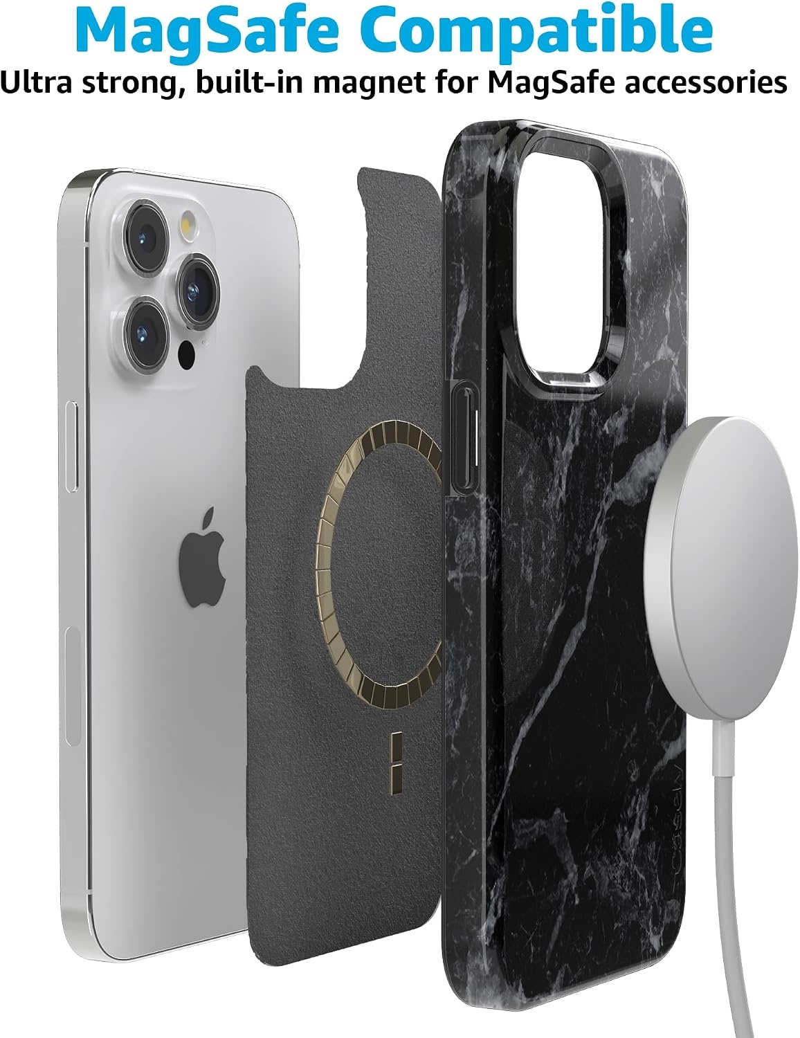 image:imageCasely iPhone 15 Pro Max Case Clear Skies Clear Shimmer Compatible with MagSafe Classic Ultra Slim DesignBlack Pearl Marble