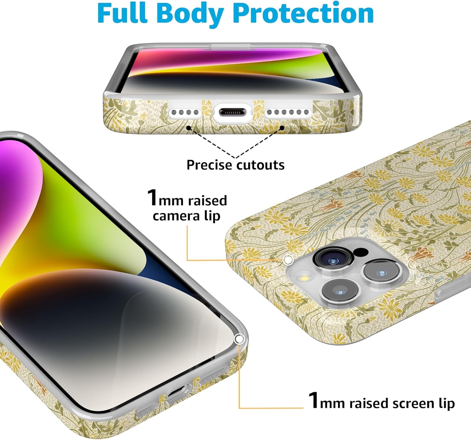 image:imageCasely iPhone 15 Pro Max Case Clear Skies Clear Shimmer Compatible with MagSafe Classic Ultra Slim DesignBoho Blooms Golden Floral