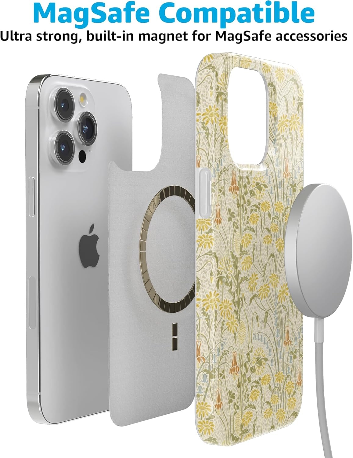 image:imageCasely iPhone 15 Pro Max Case Clear Skies Clear Shimmer Compatible with MagSafe Classic Ultra Slim DesignBoho Blooms Golden Floral