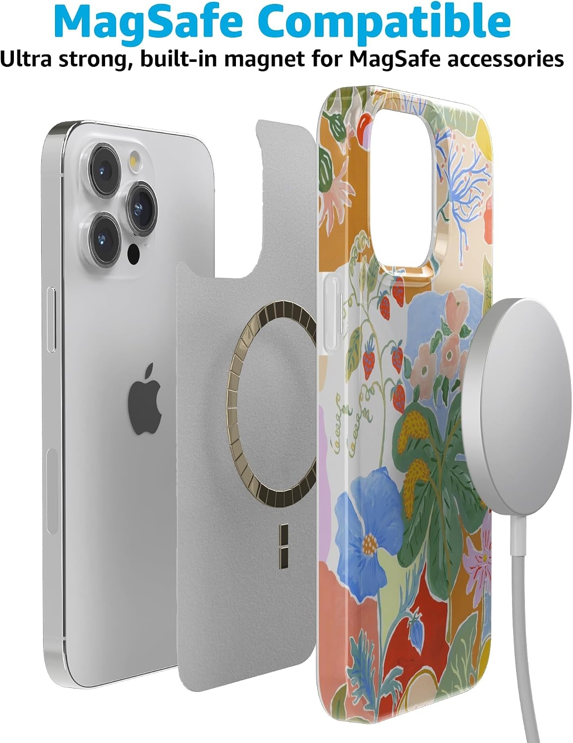 image:imageCasely iPhone 15 Pro Max Case Clear Skies Clear Shimmer Compatible with MagSafe Classic Ultra Slim DesignBotanical Blooms Floral Patchwork