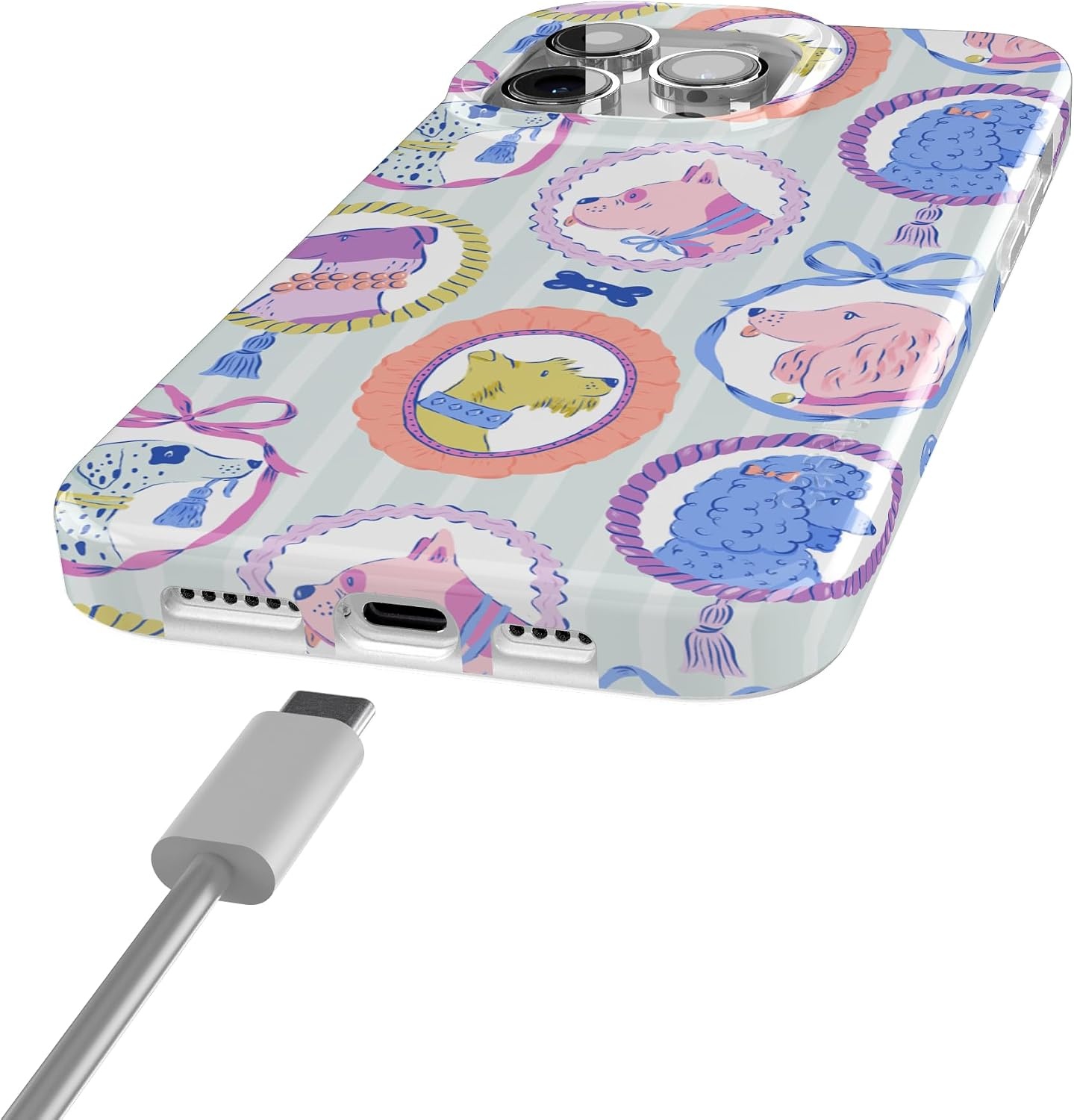 image:imageCasely iPhone 15 Pro Max Case Clear Skies Clear Shimmer Compatible with MagSafe Classic Ultra Slim DesignChateau Pups French Dog