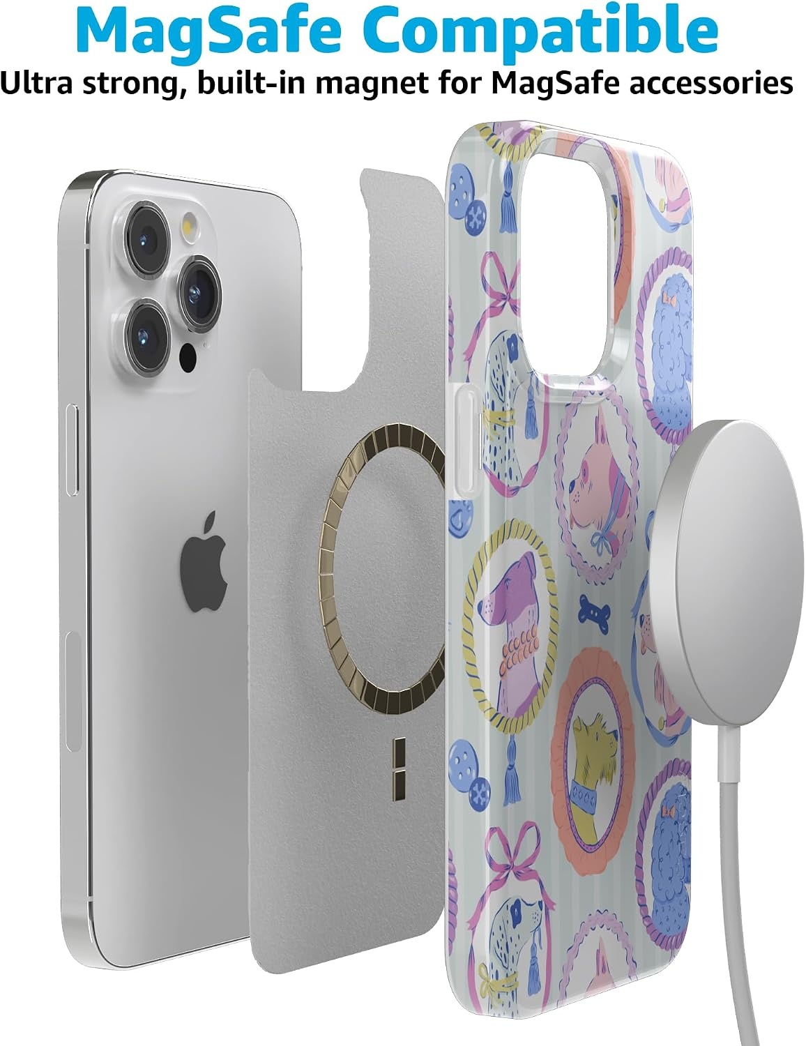 image:imageCasely iPhone 15 Pro Max Case Clear Skies Clear Shimmer Compatible with MagSafe Classic Ultra Slim DesignChateau Pups French Dog