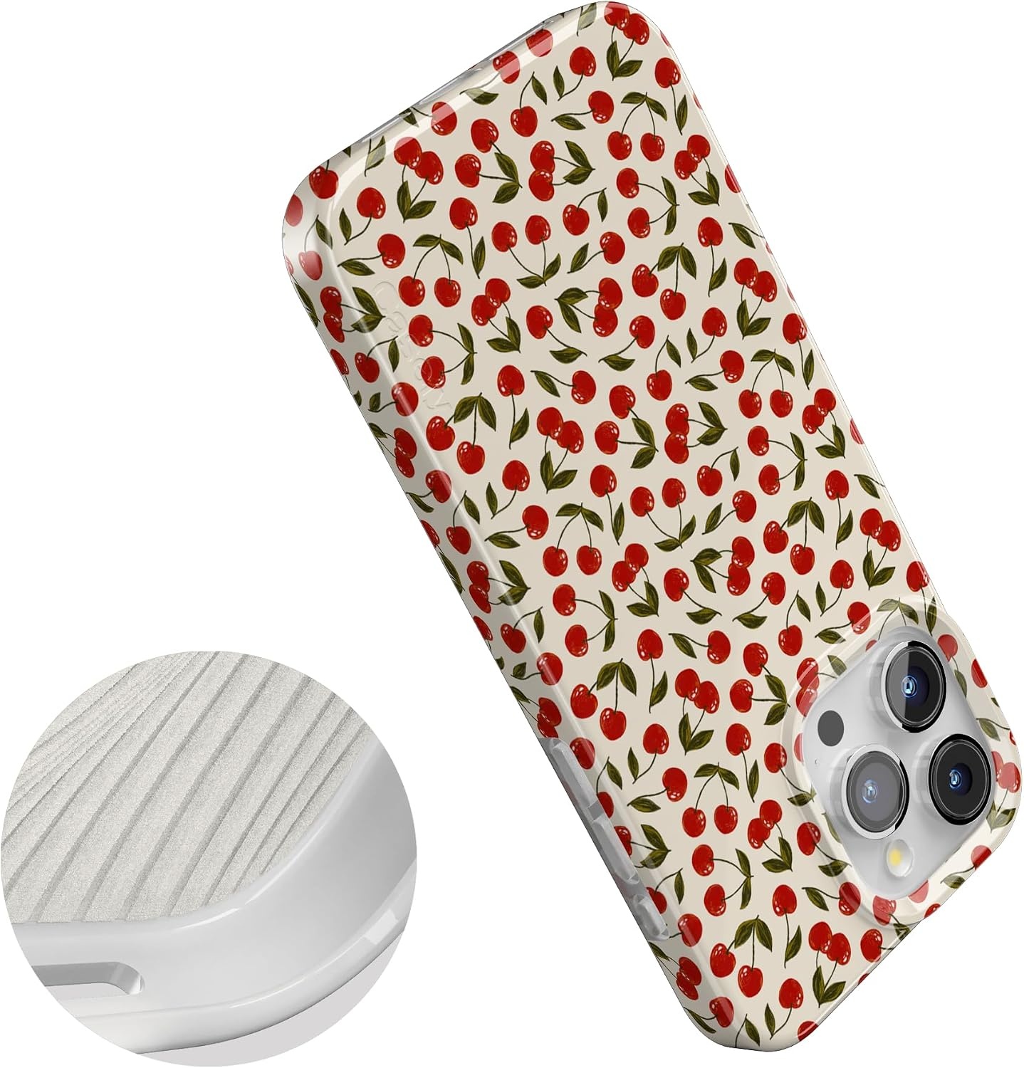 image:imageCasely iPhone 15 Pro Max Case Clear Skies Clear Shimmer Compatible with MagSafe Classic Ultra Slim DesignCherry on Top Red Cherries