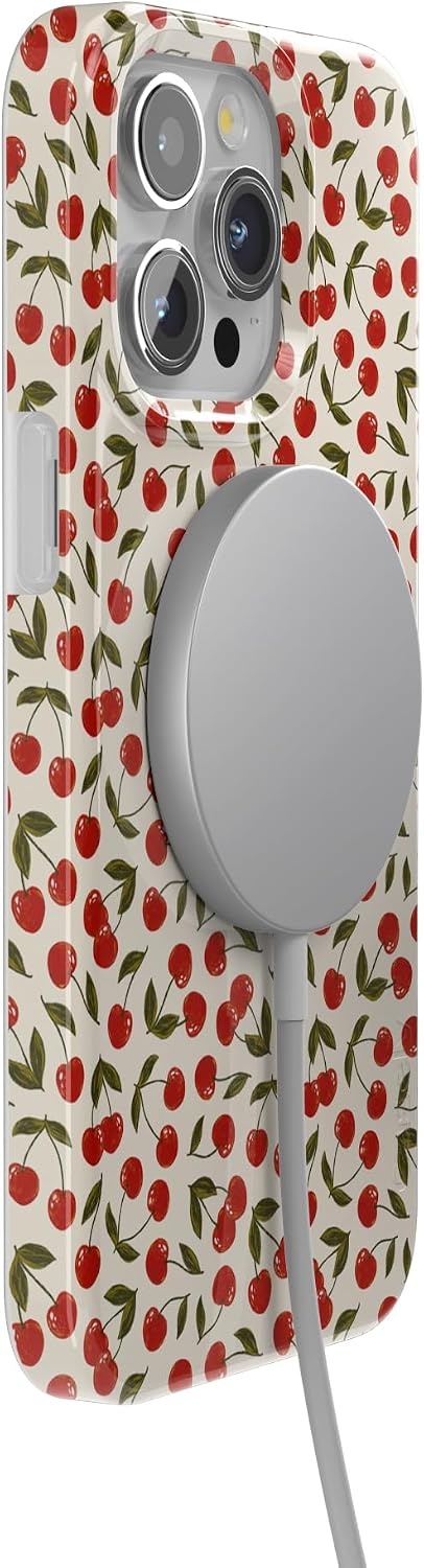 image:imageCasely iPhone 15 Pro Max Case Clear Skies Clear Shimmer Compatible with MagSafe Classic Ultra Slim DesignCherry on Top Red Cherries
