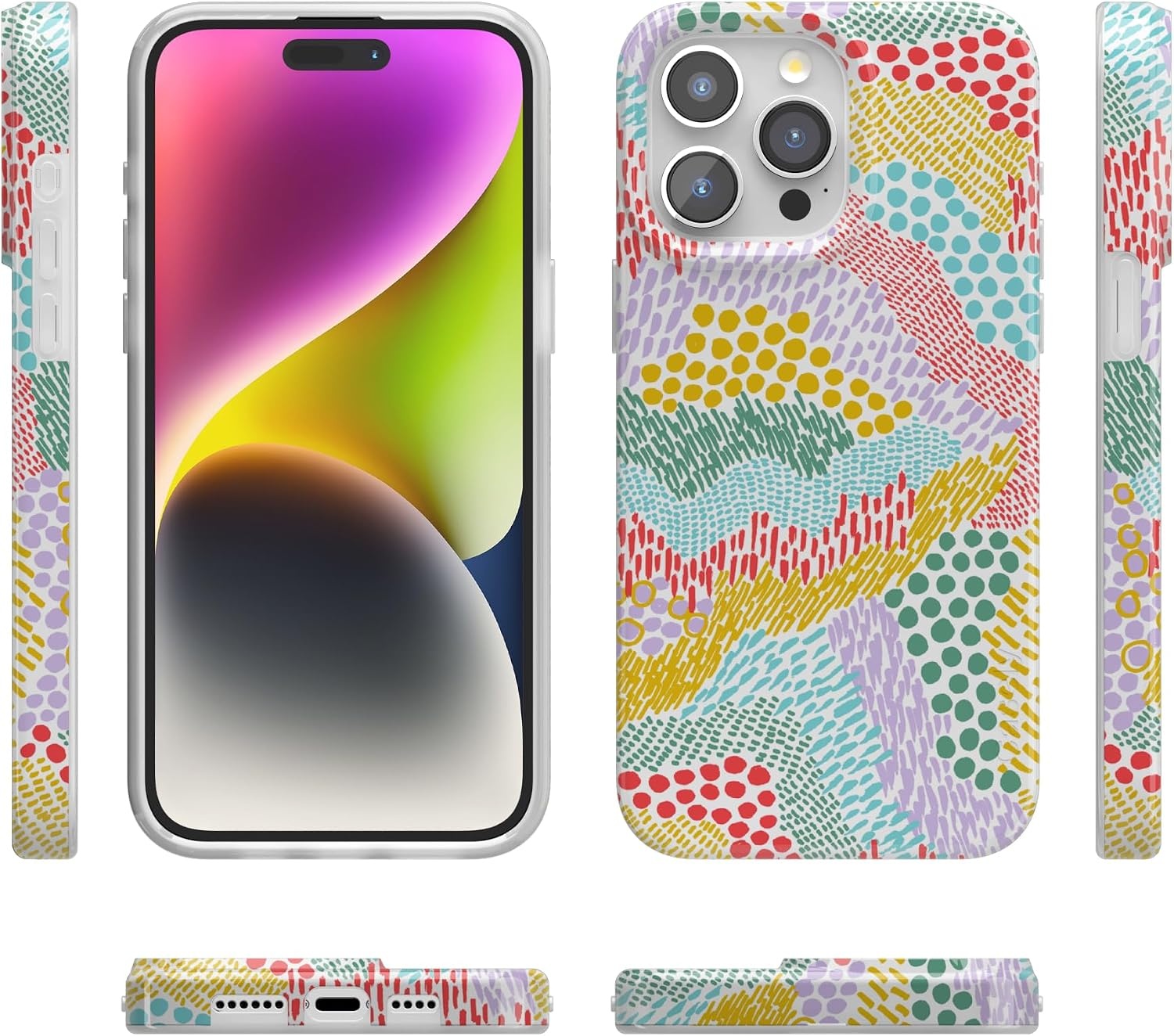 image:imageCasely iPhone 15 Pro Max Case Clear Skies Clear Shimmer Compatible with MagSafe Classic Ultra Slim DesignColor Me Happy Doodle Colorblock