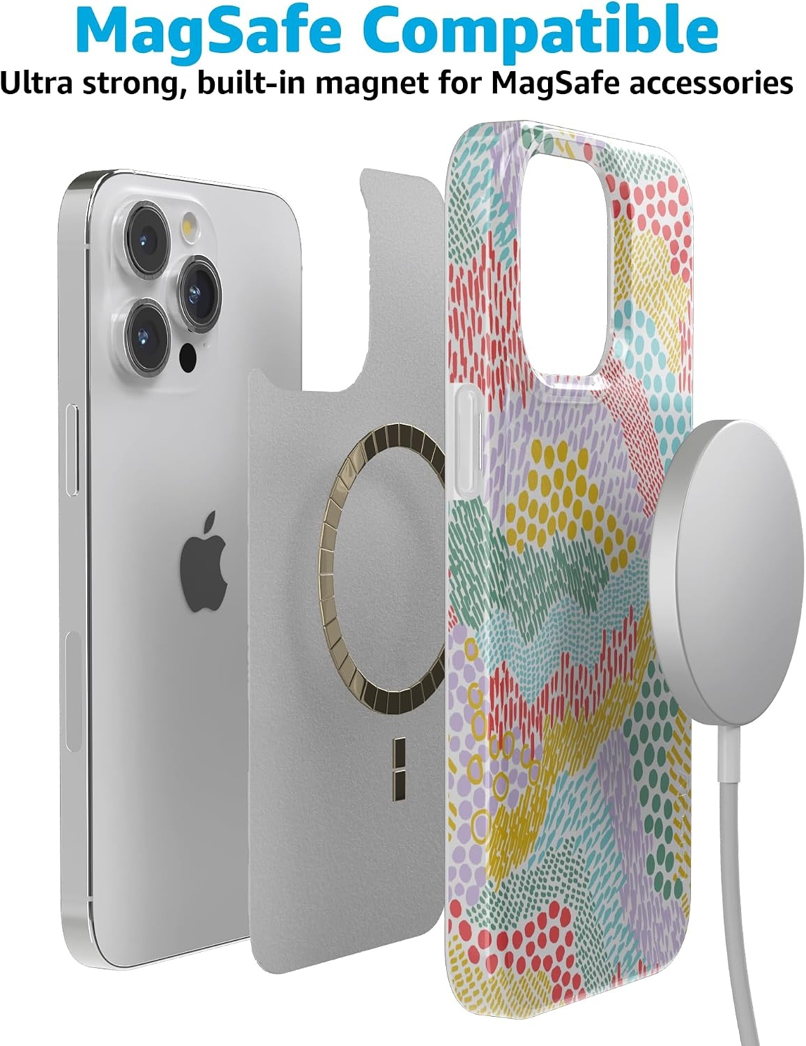 image:imageCasely iPhone 15 Pro Max Case Clear Skies Clear Shimmer Compatible with MagSafe Classic Ultra Slim DesignColor Me Happy Doodle Colorblock