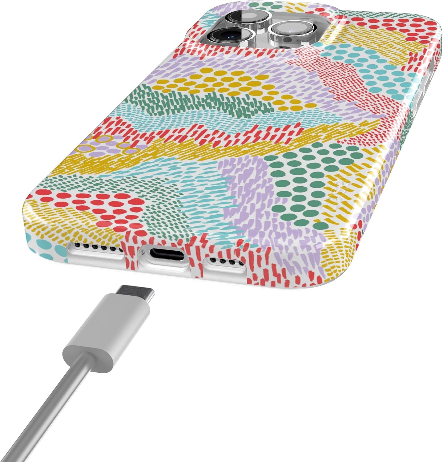 image:imageCasely iPhone 15 Pro Max Case Clear Skies Clear Shimmer Compatible with MagSafe Classic Ultra Slim DesignColor Me Happy Doodle Colorblock