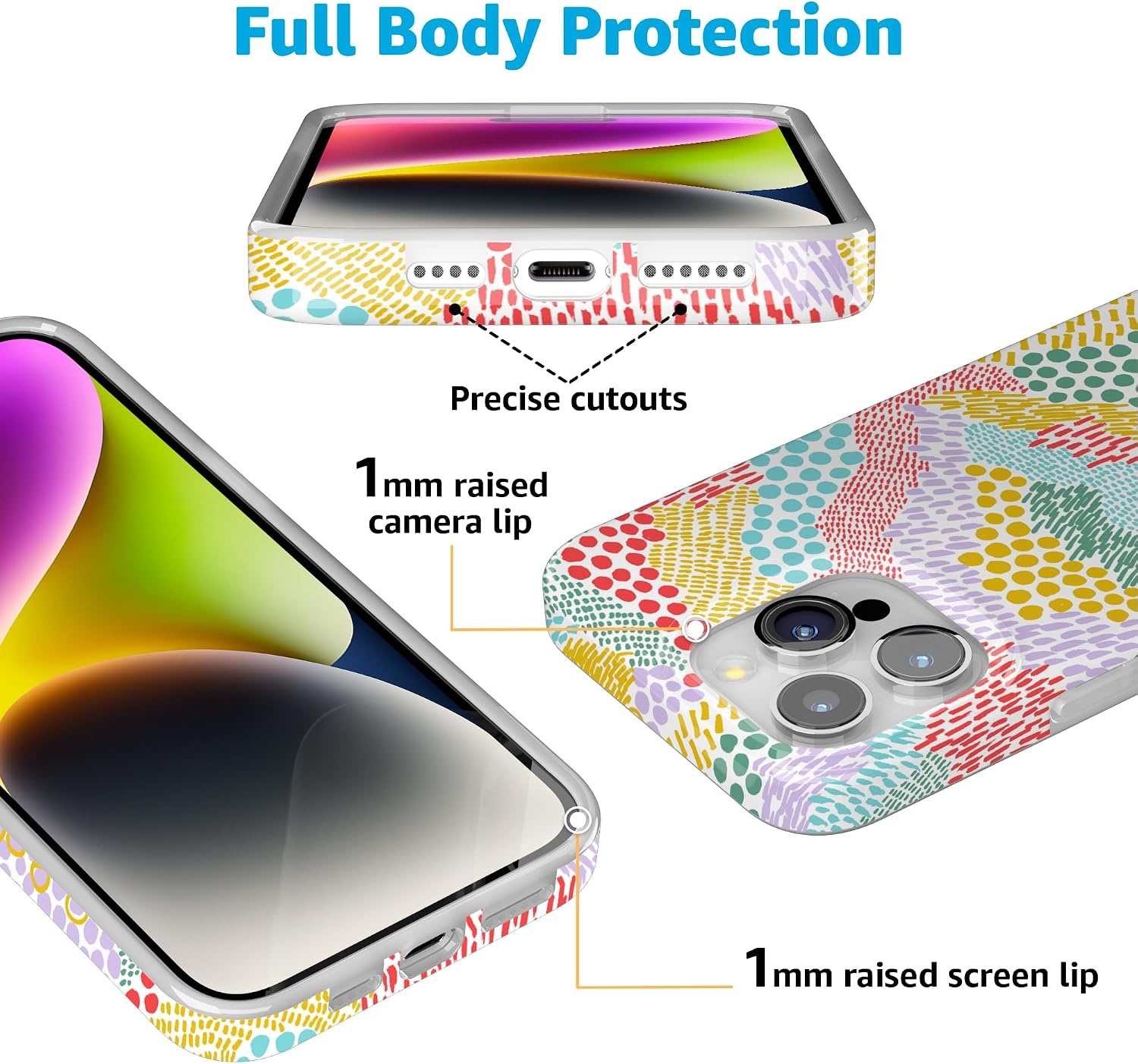 image:imageCasely iPhone 15 Pro Max Case Clear Skies Clear Shimmer Compatible with MagSafe Classic Ultra Slim DesignColor Me Happy Doodle Colorblock