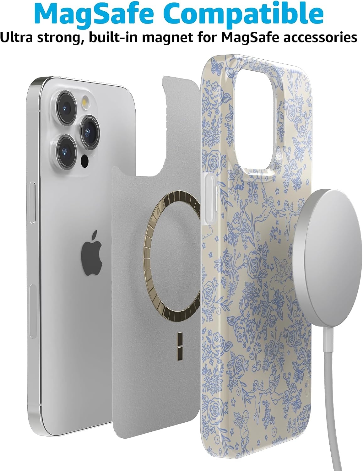 image:imageCasely iPhone 15 Pro Max Case Clear Skies Clear Shimmer Compatible with MagSafe Classic Ultra Slim DesignCupids Canvas Periwinkle Floral