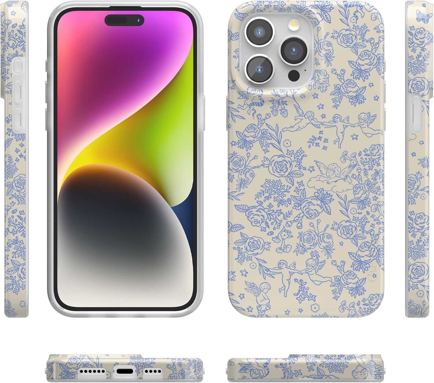 image:imageCasely iPhone 15 Pro Max Case Clear Skies Clear Shimmer Compatible with MagSafe Classic Ultra Slim DesignCupids Canvas Periwinkle Floral