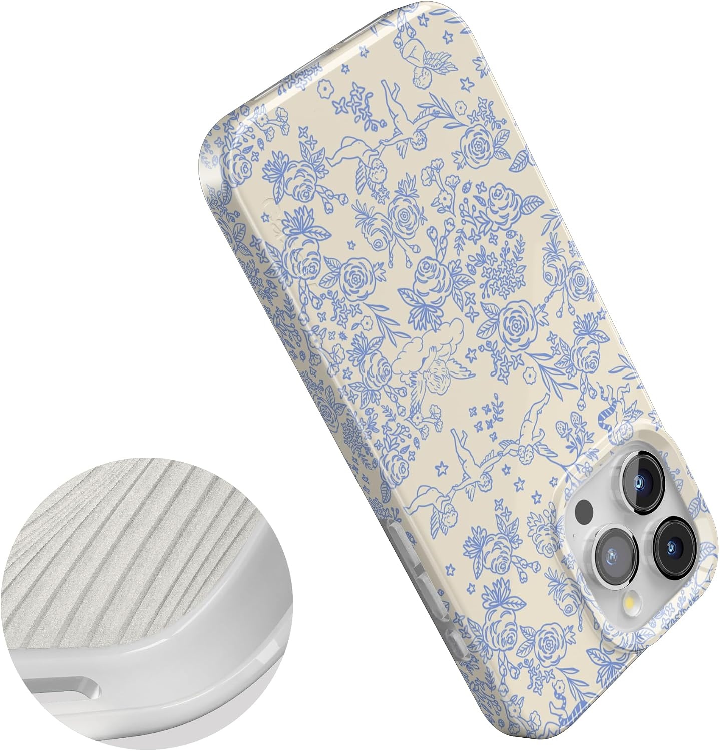 image:imageCasely iPhone 15 Pro Max Case Clear Skies Clear Shimmer Compatible with MagSafe Classic Ultra Slim DesignCupids Canvas Periwinkle Floral