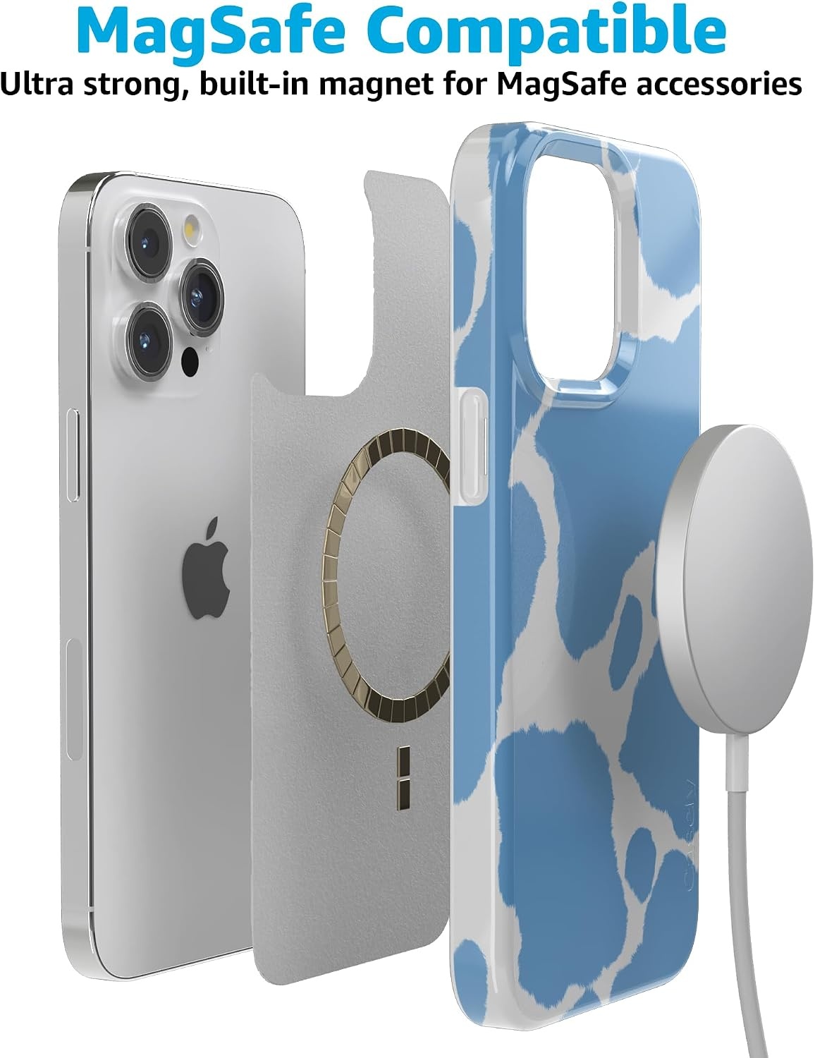 image:imageCasely iPhone 15 Pro Max Case Clear Skies Clear Shimmer Compatible with MagSafe Classic Ultra Slim DesignCurrent MOOd Light Blue Cow Print