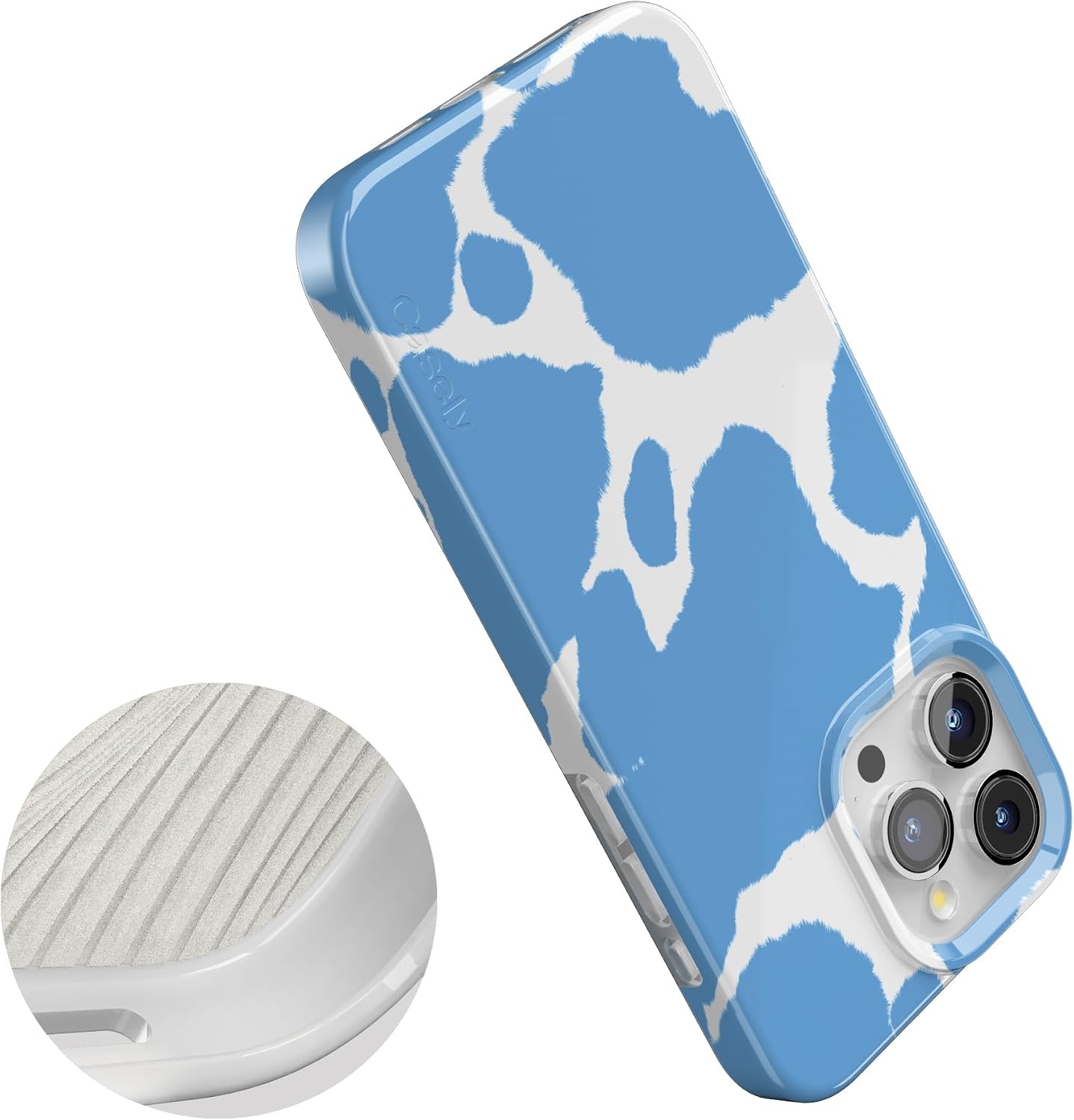 image:imageCasely iPhone 15 Pro Max Case Clear Skies Clear Shimmer Compatible with MagSafe Classic Ultra Slim DesignCurrent MOOd Light Blue Cow Print