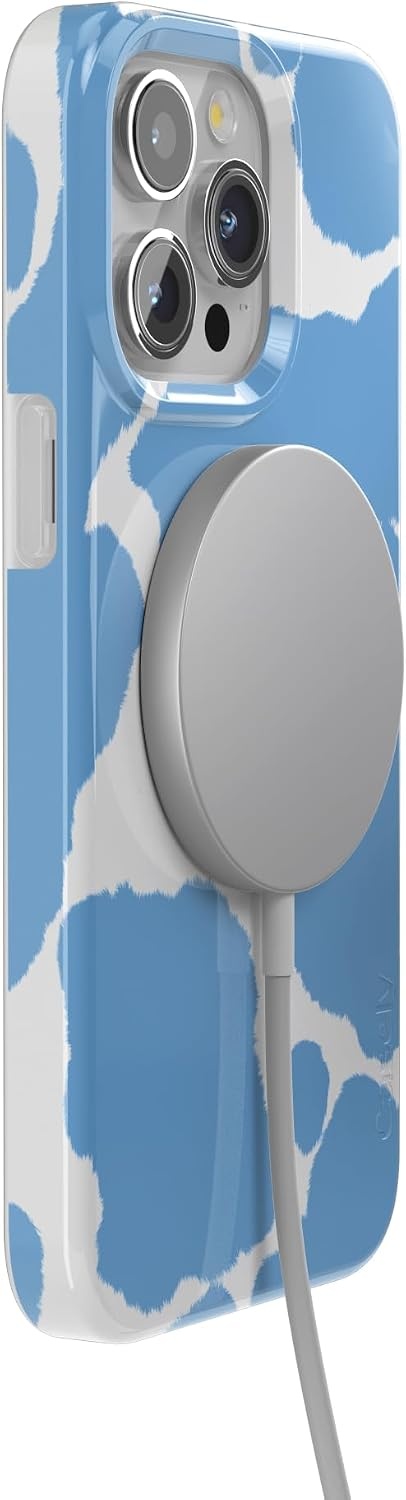 image:imageCasely iPhone 15 Pro Max Case Clear Skies Clear Shimmer Compatible with MagSafe Classic Ultra Slim DesignCurrent MOOd Light Blue Cow Print