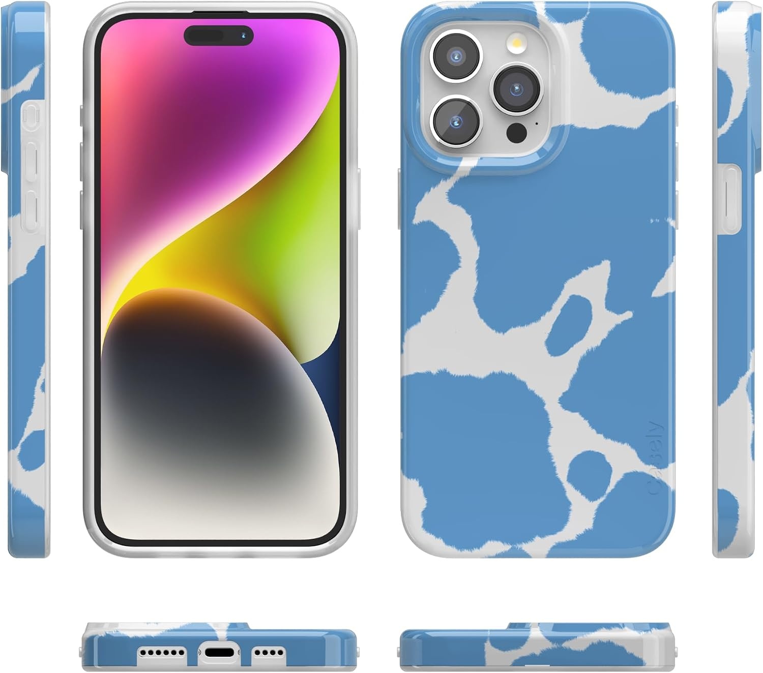 image:imageCasely iPhone 15 Pro Max Case Clear Skies Clear Shimmer Compatible with MagSafe Classic Ultra Slim DesignCurrent MOOd Light Blue Cow Print