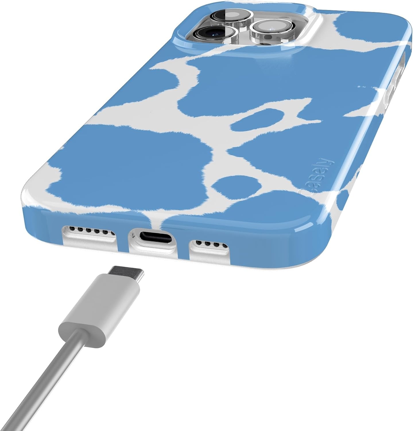 image:imageCasely iPhone 15 Pro Max Case Clear Skies Clear Shimmer Compatible with MagSafe Classic Ultra Slim DesignCurrent MOOd Light Blue Cow Print