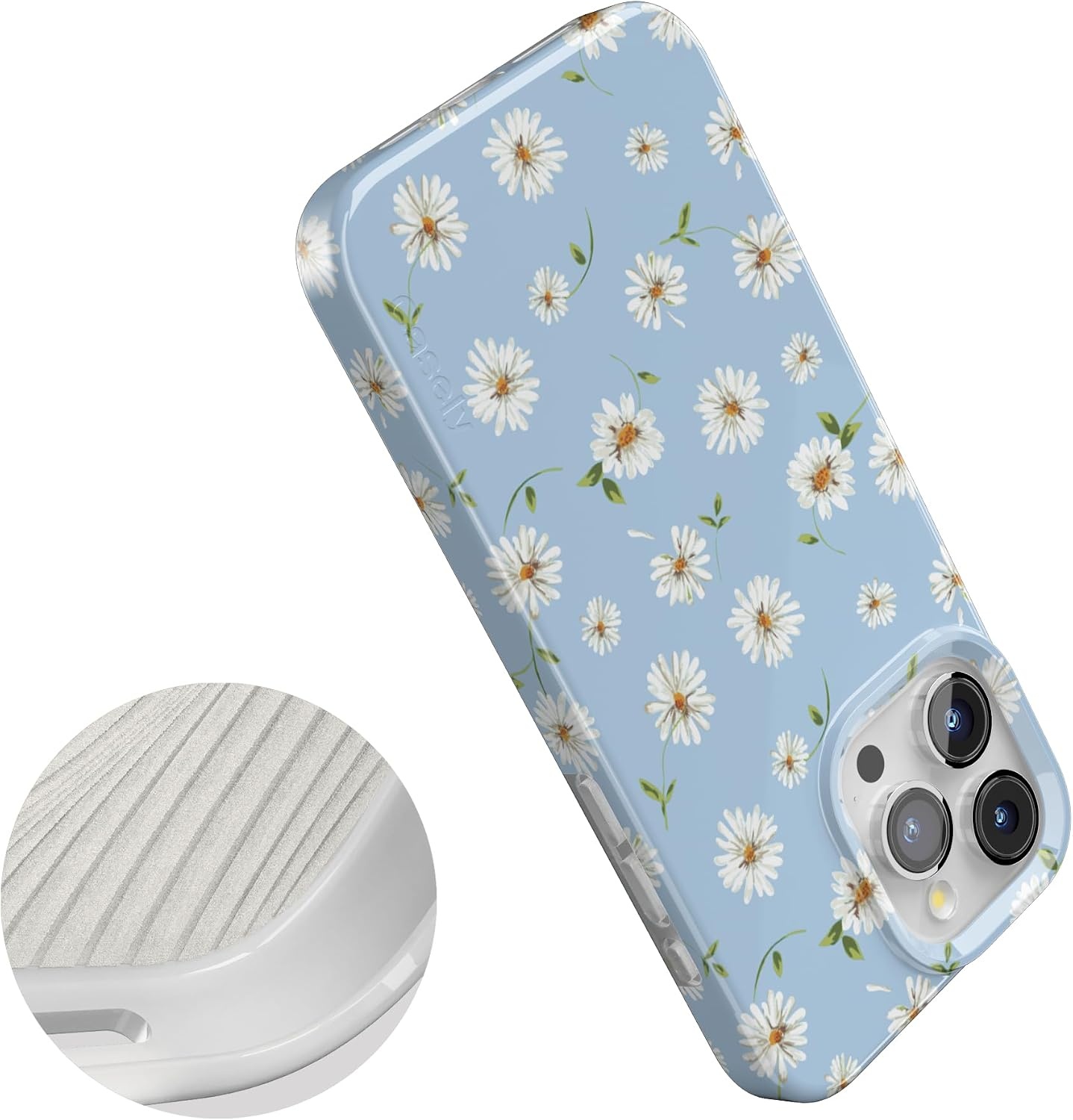 image:imageCasely iPhone 15 Pro Max Case Clear Skies Clear Shimmer Compatible with MagSafe Classic Ultra Slim DesignDaisy Daydream Baby Blue Floral