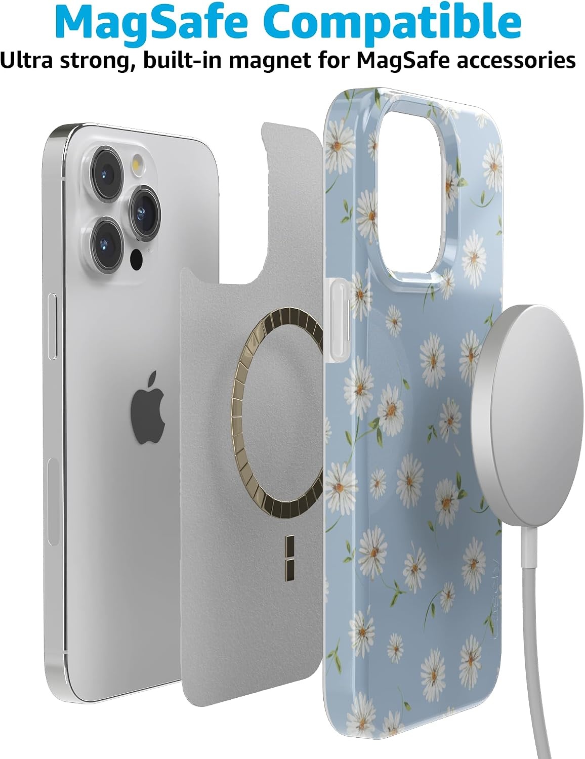 image:imageCasely iPhone 15 Pro Max Case Clear Skies Clear Shimmer Compatible with MagSafe Classic Ultra Slim DesignDaisy Daydream Baby Blue Floral