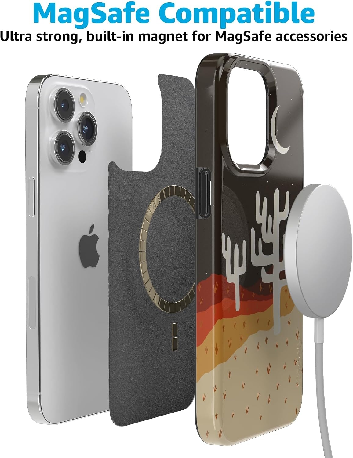 image:imageCasely iPhone 15 Pro Max Case Clear Skies Clear Shimmer Compatible with MagSafe Classic Ultra Slim DesignDesert Nights Cactus Colorblock