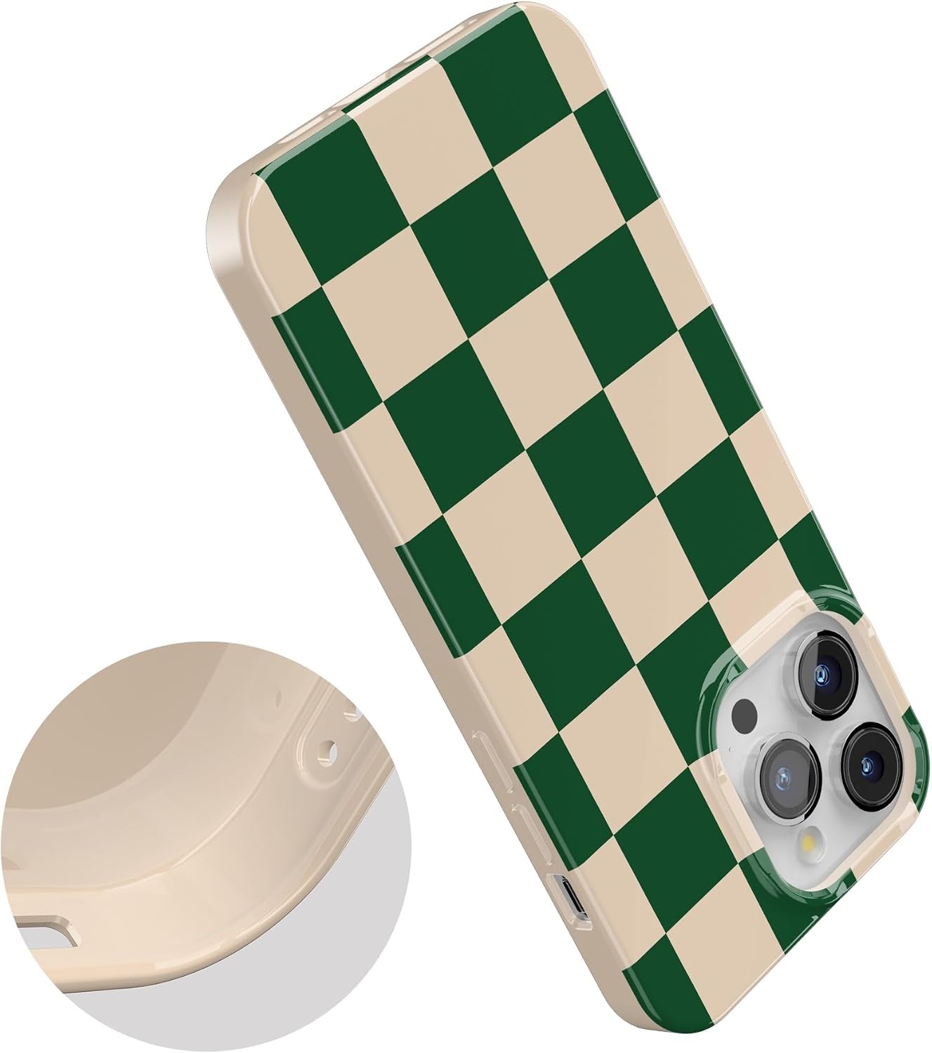 image:imageCasely iPhone 15 Pro Max Case Clear Skies Clear Shimmer Compatible with MagSafe Classic Ultra Slim DesignFit Check Green Checkerboard