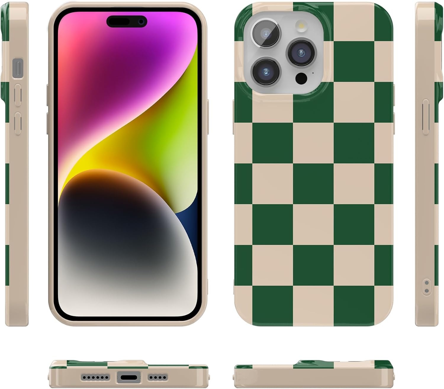 image:imageCasely iPhone 15 Pro Max Case Clear Skies Clear Shimmer Compatible with MagSafe Classic Ultra Slim DesignFit Check Green Checkerboard