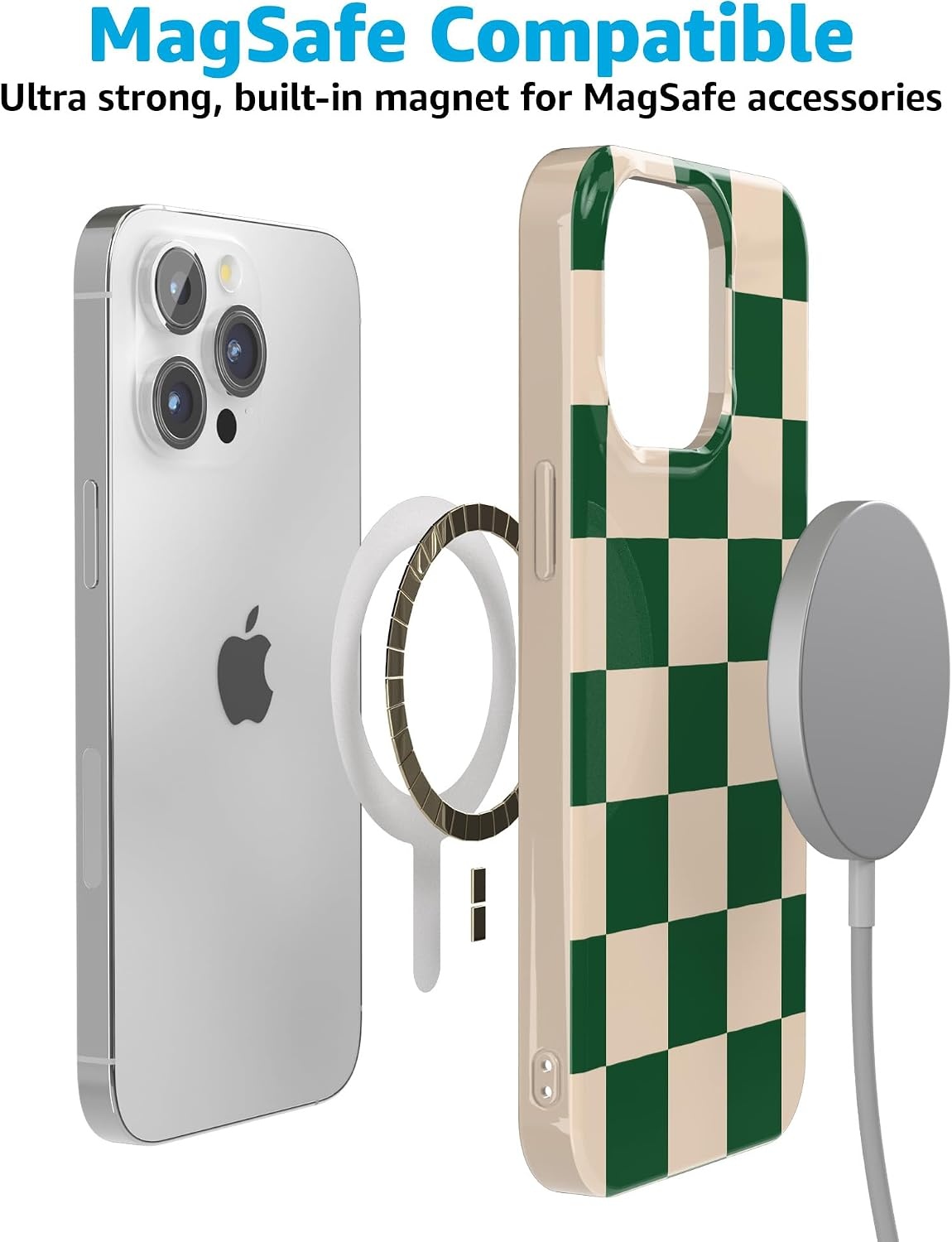 image:imageCasely iPhone 15 Pro Max Case Clear Skies Clear Shimmer Compatible with MagSafe Classic Ultra Slim DesignFit Check Green Checkerboard