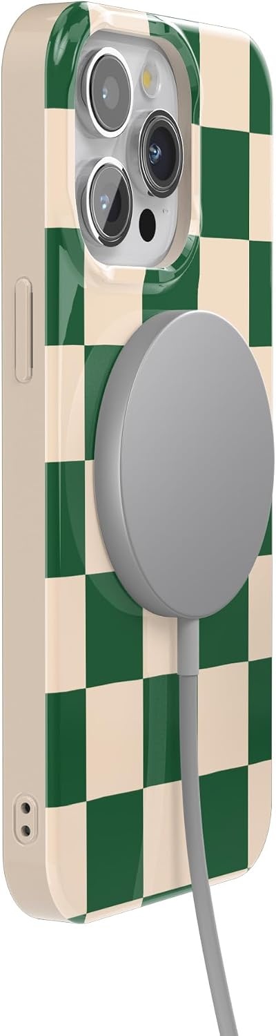 image:imageCasely iPhone 15 Pro Max Case Clear Skies Clear Shimmer Compatible with MagSafe Classic Ultra Slim DesignFit Check Green Checkerboard