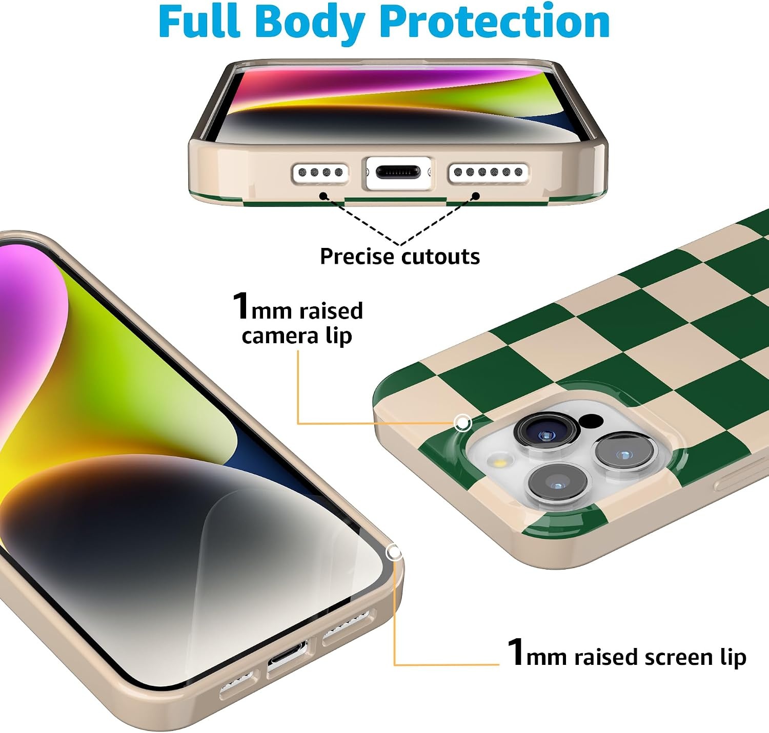 image:imageCasely iPhone 15 Pro Max Case Clear Skies Clear Shimmer Compatible with MagSafe Classic Ultra Slim DesignFit Check Green Checkerboard