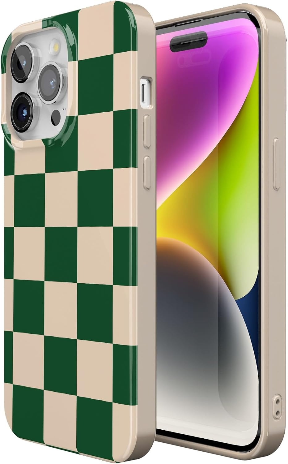 image:imageCasely iPhone 15 Pro Max Case Clear Skies Clear Shimmer Compatible with MagSafe Classic Ultra Slim DesignFit Check Green Checkerboard