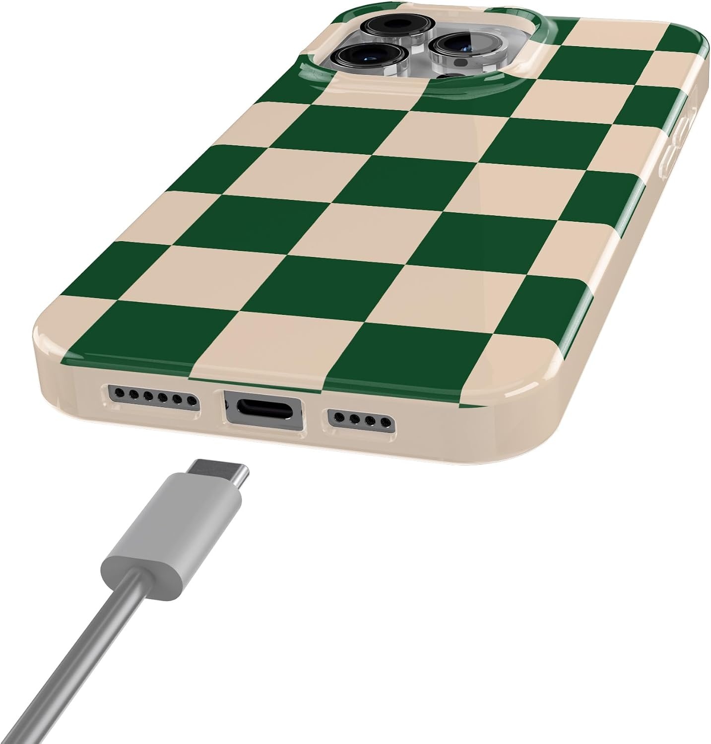 image:imageCasely iPhone 15 Pro Max Case Clear Skies Clear Shimmer Compatible with MagSafe Classic Ultra Slim DesignFit Check Green Checkerboard