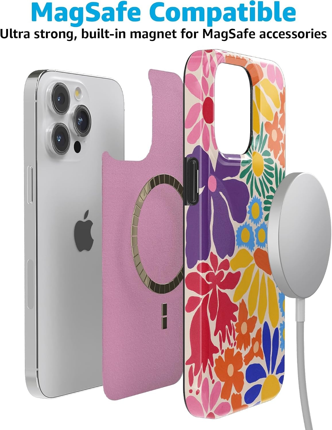 image:imageCasely iPhone 15 Pro Max Case Clear Skies Clear Shimmer Compatible with MagSafe Classic Ultra Slim DesignFlower Patch MultiColor Floral