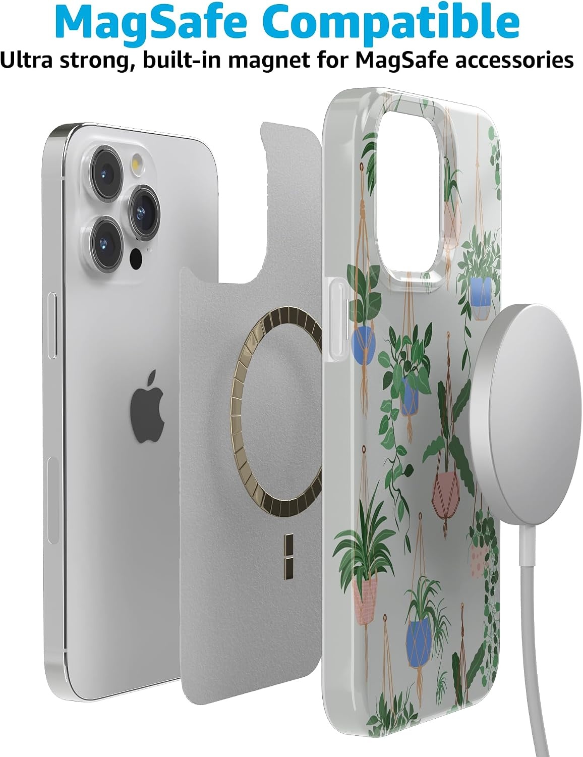 image:imageCasely iPhone 15 Pro Max Case Clear Skies Clear Shimmer Compatible with MagSafe Classic Ultra Slim DesignHanging Around Potted Plants Floral