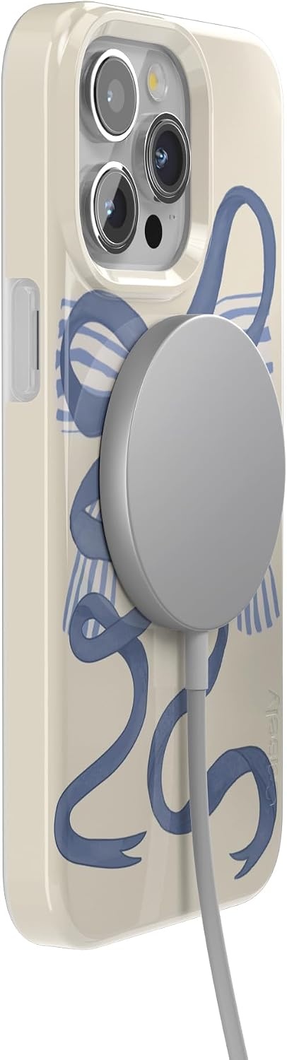 image:imageCasely iPhone 15 Pro Max Case Clear Skies Clear Shimmer Compatible with MagSafe Classic Ultra Slim DesignHeartstrings Blue Bow