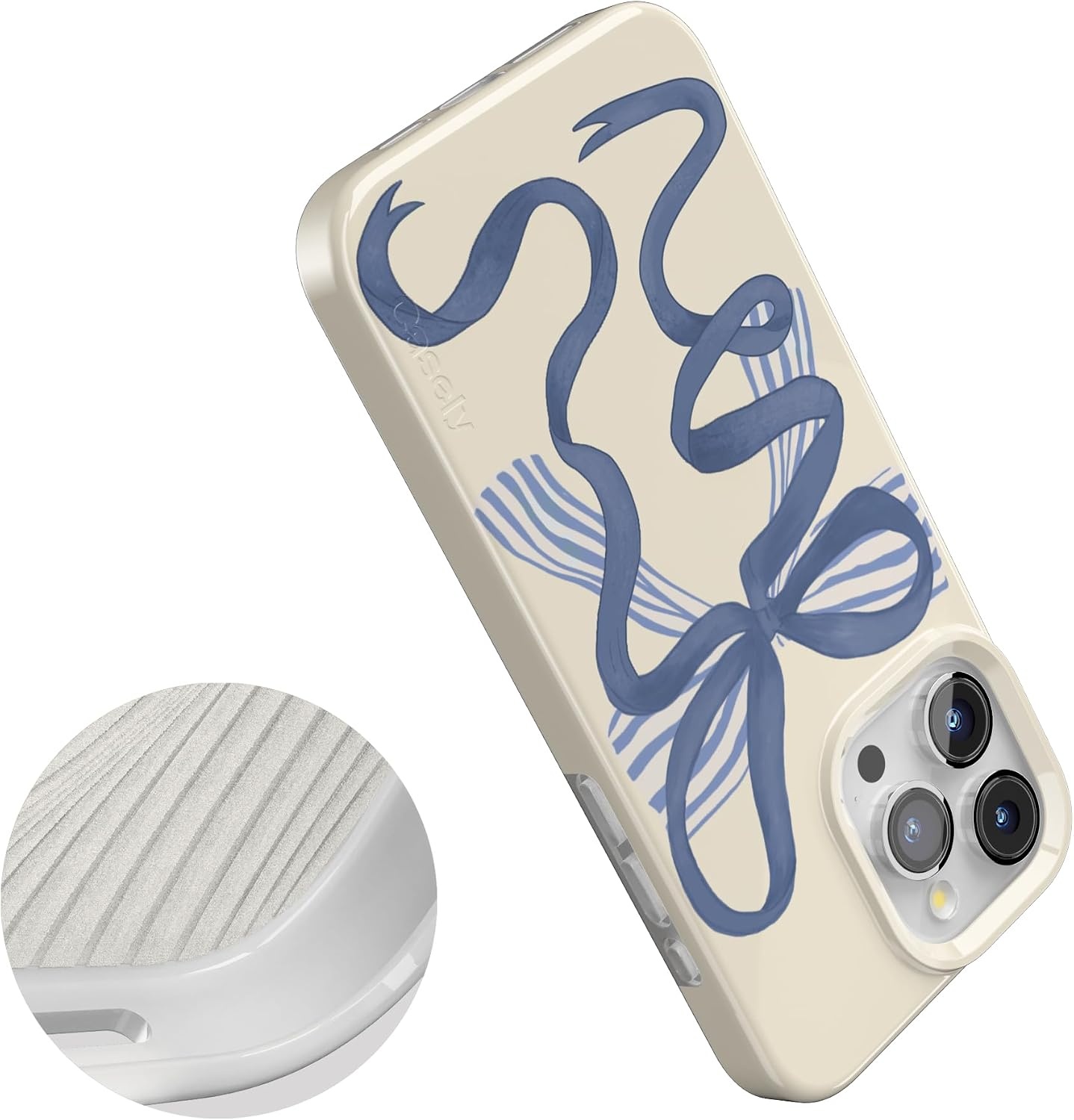 image:imageCasely iPhone 15 Pro Max Case Clear Skies Clear Shimmer Compatible with MagSafe Classic Ultra Slim DesignHeartstrings Blue Bow
