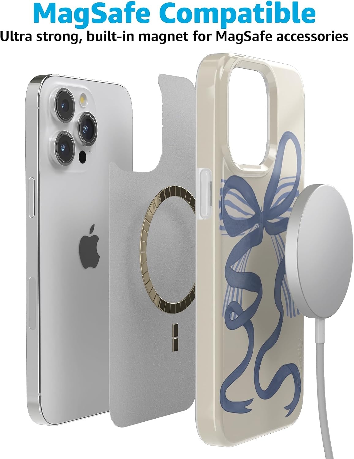 image:imageCasely iPhone 15 Pro Max Case Clear Skies Clear Shimmer Compatible with MagSafe Classic Ultra Slim DesignHeartstrings Blue Bow