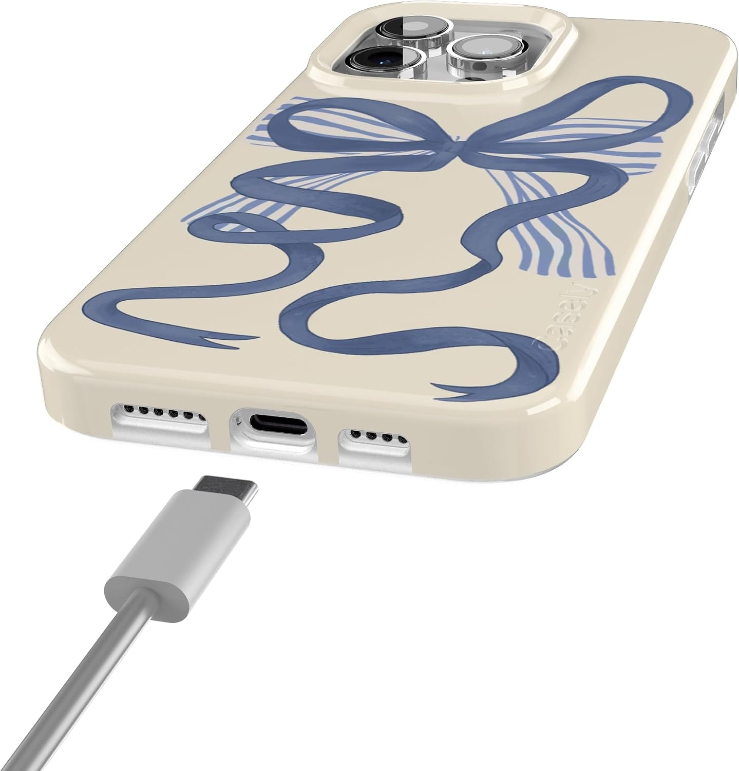 image:imageCasely iPhone 15 Pro Max Case Clear Skies Clear Shimmer Compatible with MagSafe Classic Ultra Slim DesignHeartstrings Blue Bow