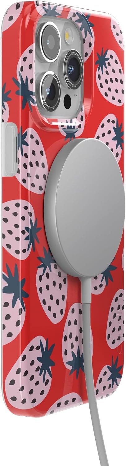 image:imageCasely iPhone 15 Pro Max Case Clear Skies Clear Shimmer Compatible with MagSafe Classic Ultra Slim DesignId Pick You Red Strawberry
