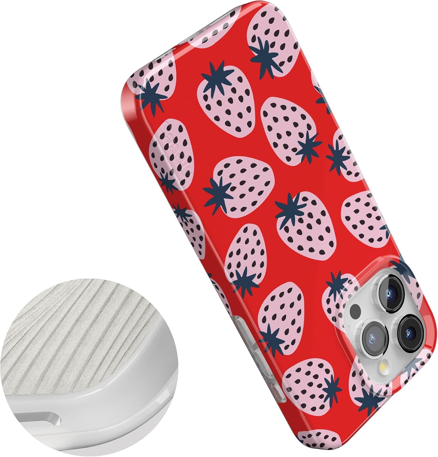 image:imageCasely iPhone 15 Pro Max Case Clear Skies Clear Shimmer Compatible with MagSafe Classic Ultra Slim DesignId Pick You Red Strawberry