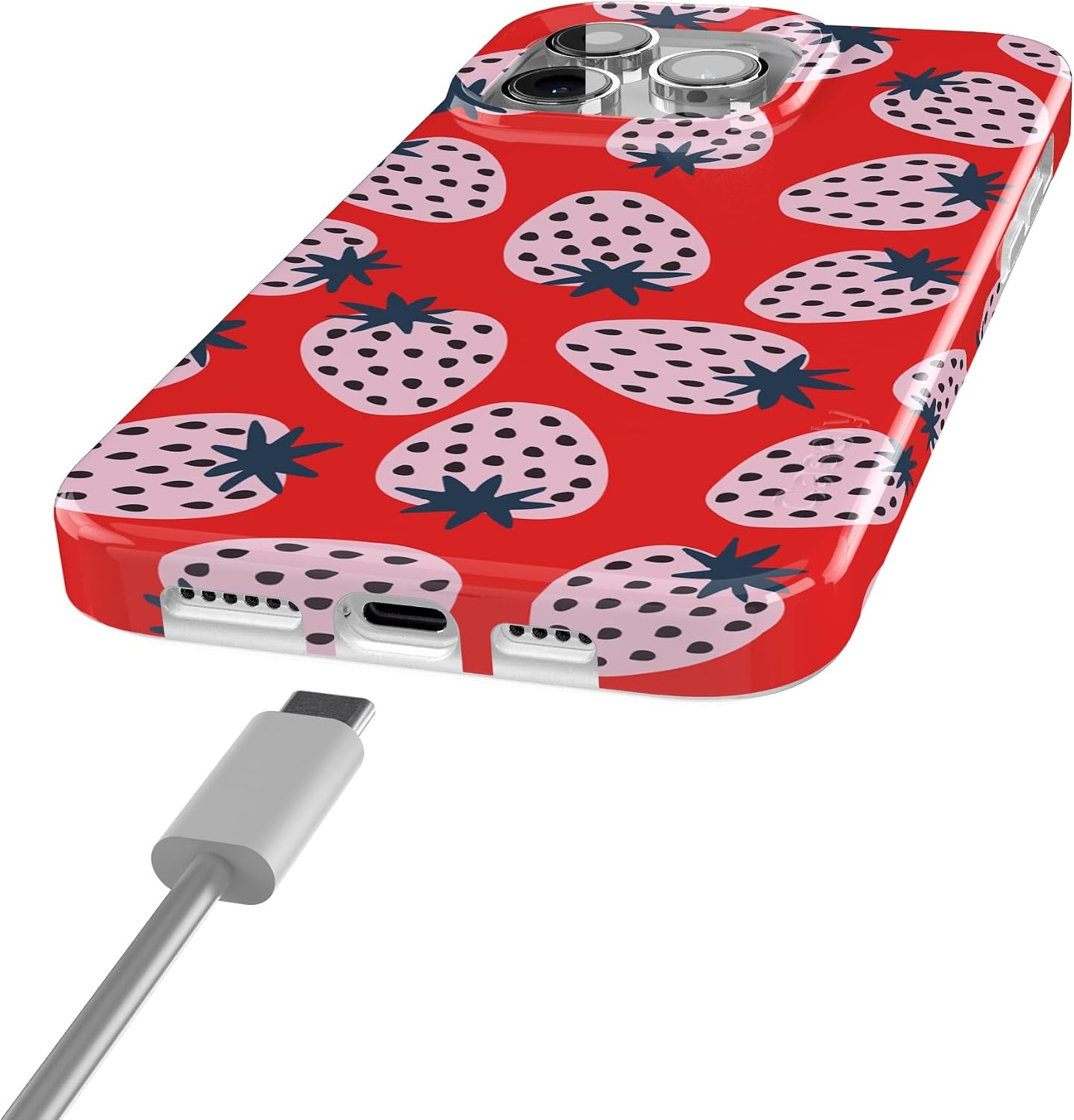 image:imageCasely iPhone 15 Pro Max Case Clear Skies Clear Shimmer Compatible with MagSafe Classic Ultra Slim DesignId Pick You Red Strawberry