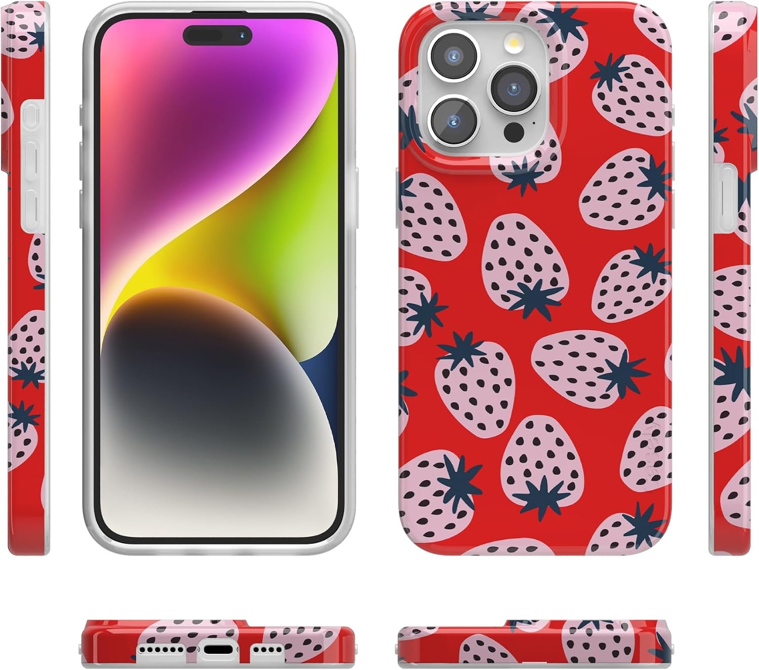 image:imageCasely iPhone 15 Pro Max Case Clear Skies Clear Shimmer Compatible with MagSafe Classic Ultra Slim DesignId Pick You Red Strawberry