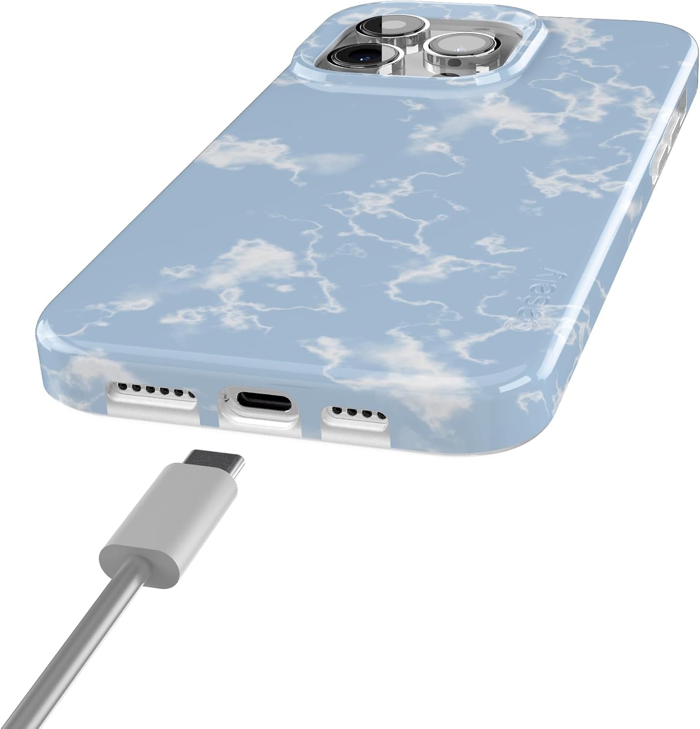 image:imageCasely iPhone 15 Pro Max Case Clear Skies Clear Shimmer Compatible with MagSafe Classic Ultra Slim DesignLight Blue Skies Marble Clouds