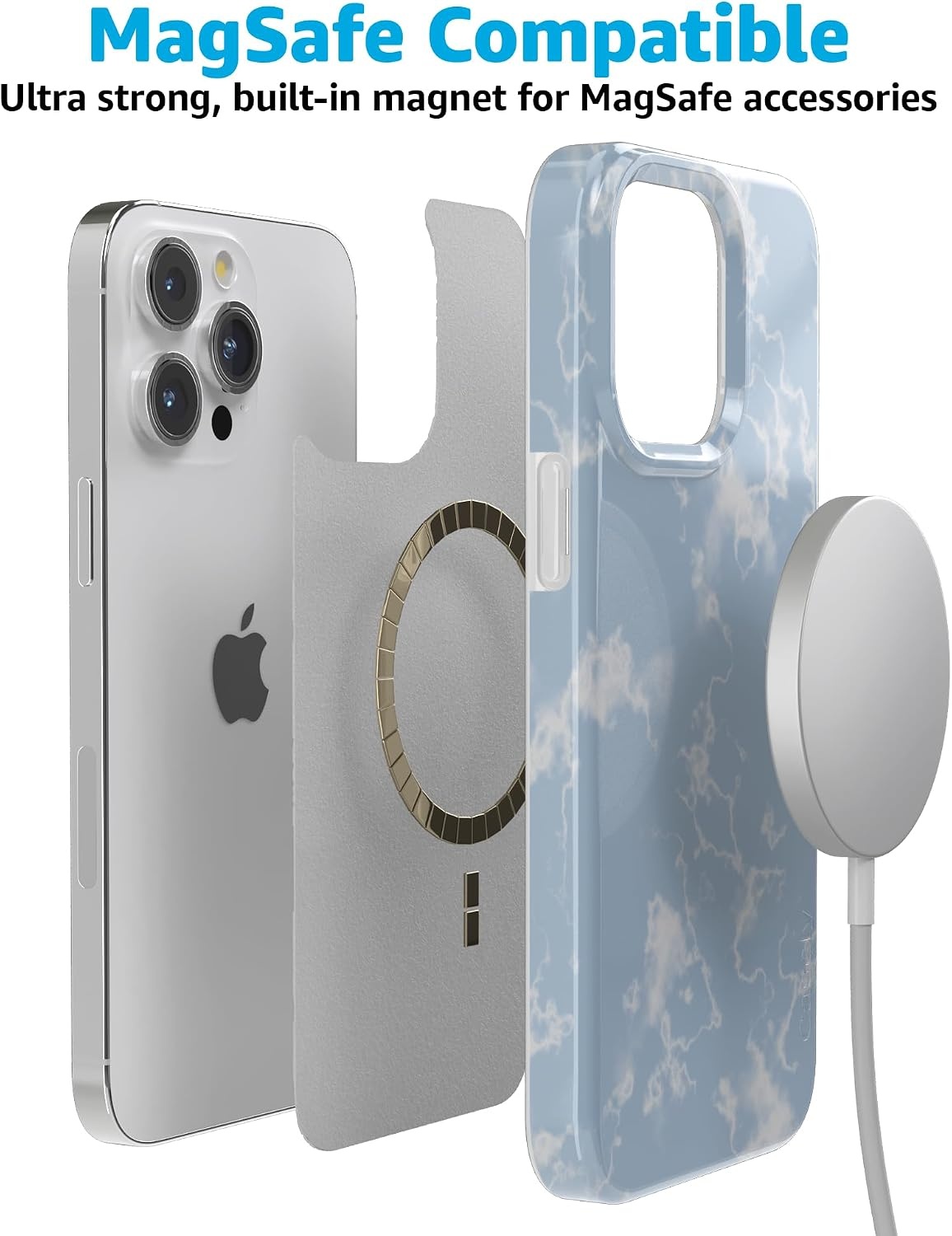image:imageCasely iPhone 15 Pro Max Case Clear Skies Clear Shimmer Compatible with MagSafe Classic Ultra Slim DesignLight Blue Skies Marble Clouds