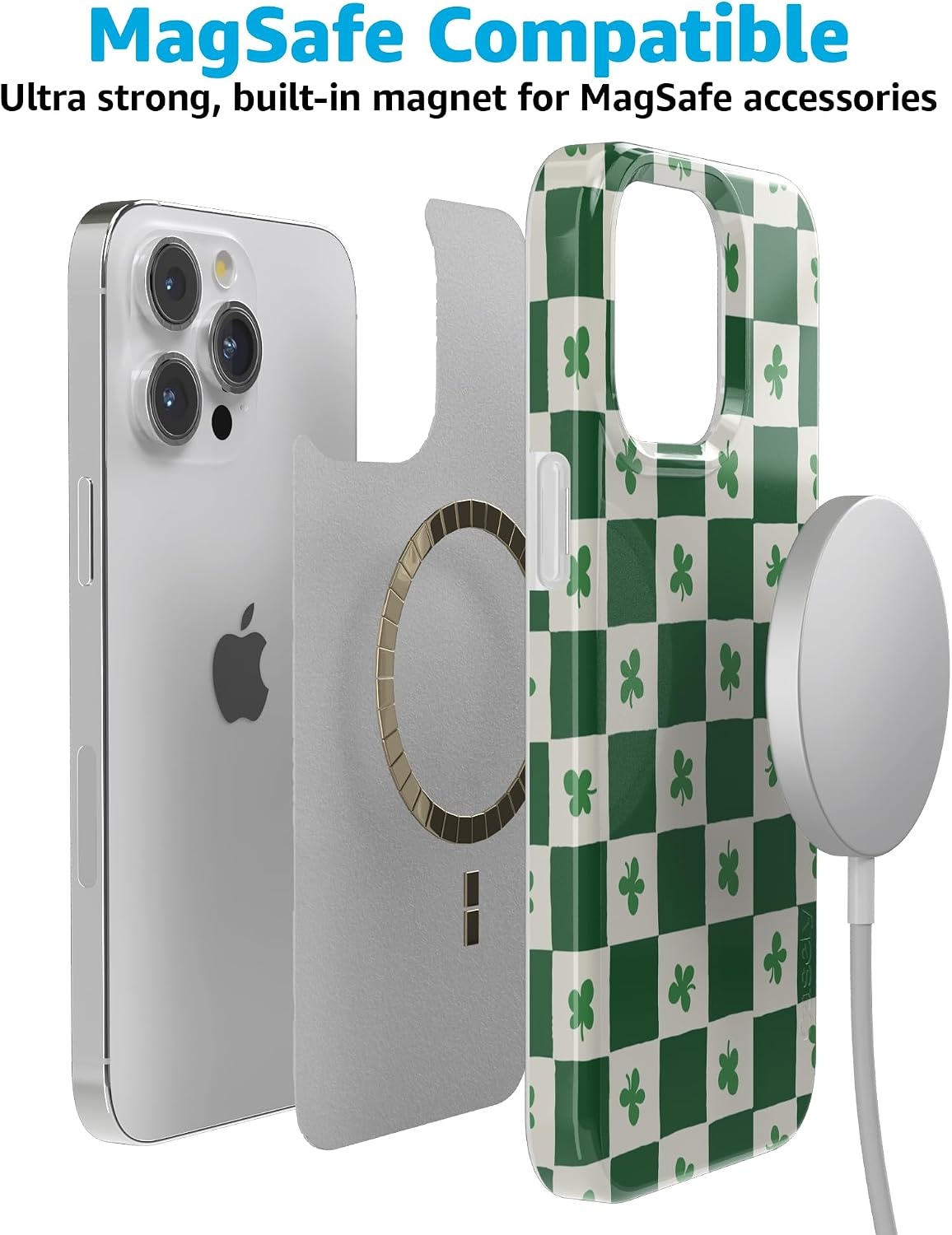 image:imageCasely iPhone 15 Pro Max Case Clear Skies Clear Shimmer Compatible with MagSafe Classic Ultra Slim DesignLucky You Shamrock